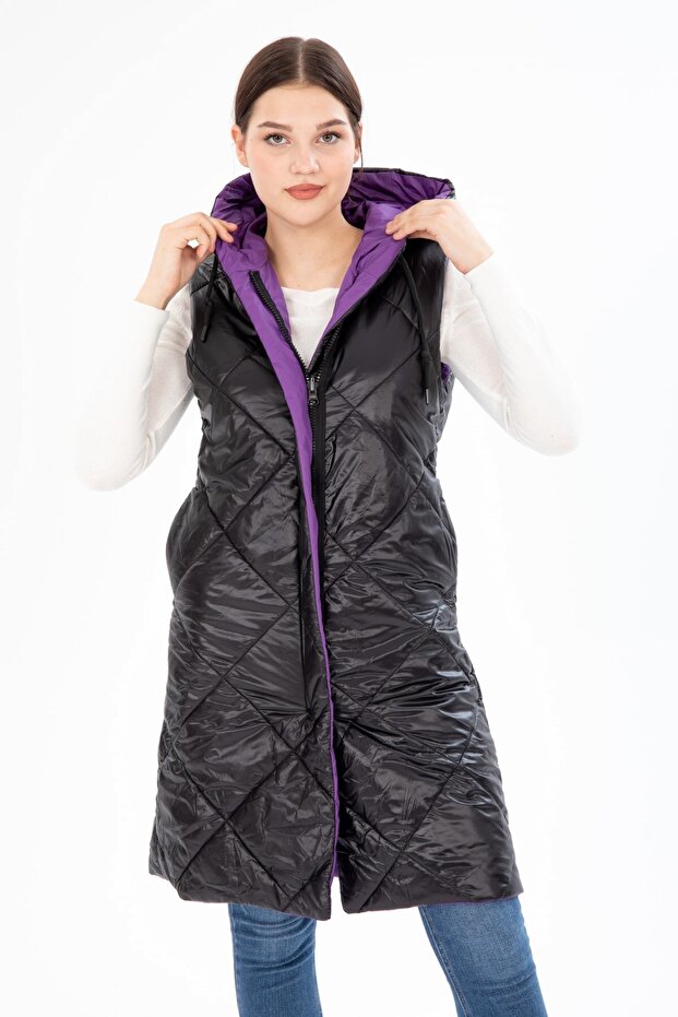 Women's Long Fixed Hooded Padded Double Sided Quilted Fiber Vest 8649