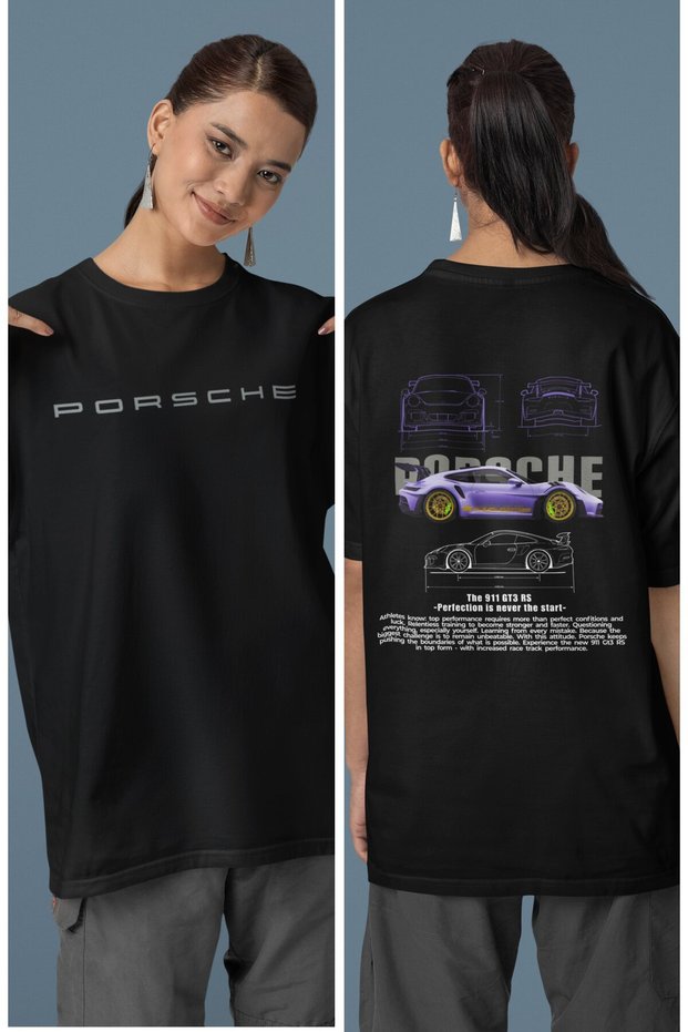 Unisex Purple Porsche 911 Back Printed Couple T-shirt, Oversize Racing Car Theme T-shirt