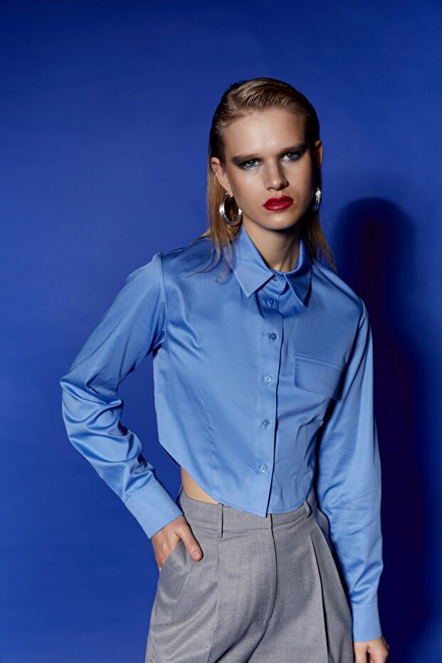 Poplin Mavi Crop Gömlek - 5