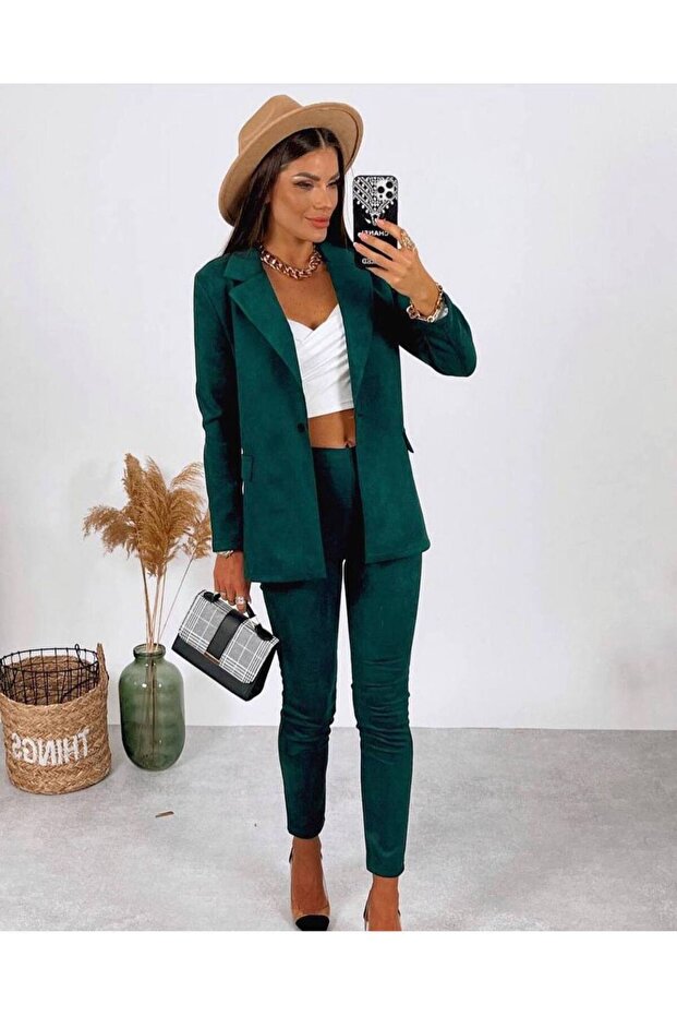Women's Scuba Suede Fabric Lined Jacket Trousers Double Set (Colorful)