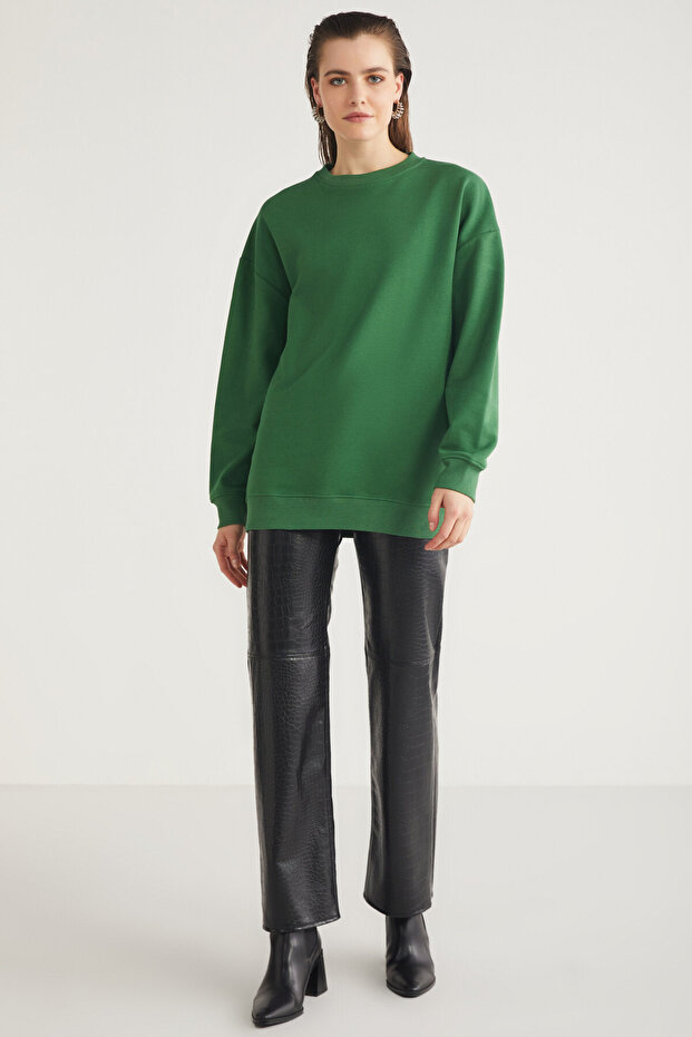 Allys Kadın Bisiklet Yaka Oversize Basic Yeşil Sweatshirt - 2