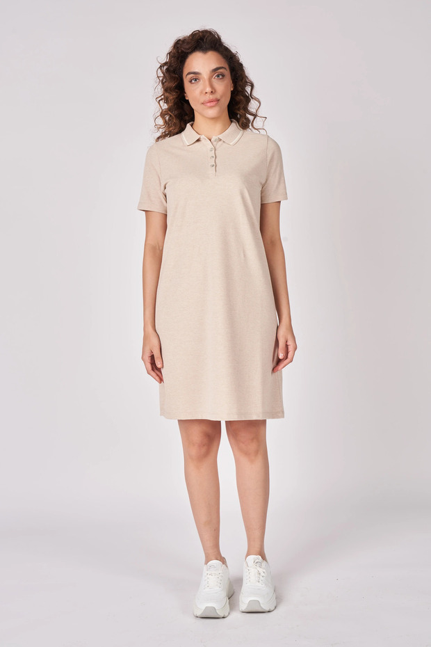 Women's Polo Neck Short Sleeve Regular Fit Basic Dress Beige Melange