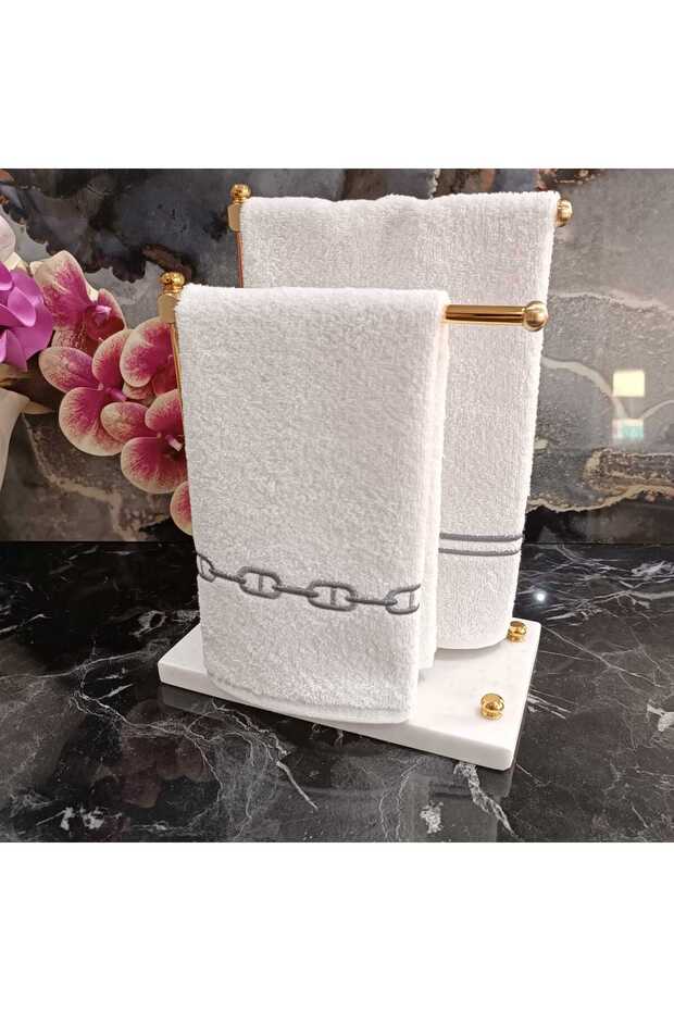 zincir ve sargı nakışlı mutfak havlusu dekoratif pamuklu 2 adet havlu - 3