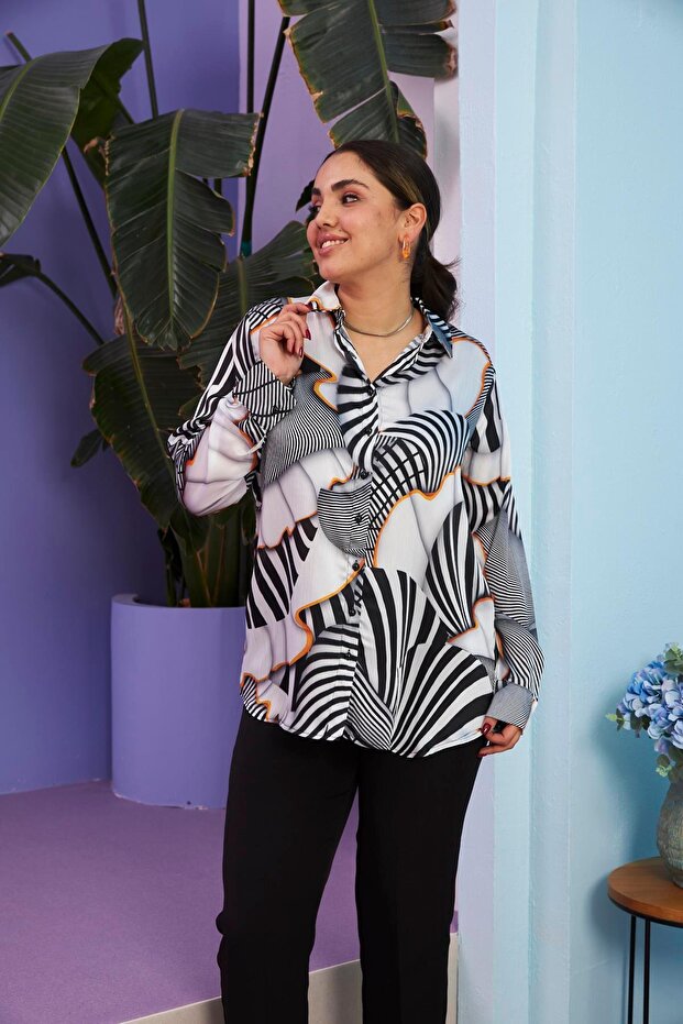 Plus Size Ecru Shirt - Ruffle Pattern - 1