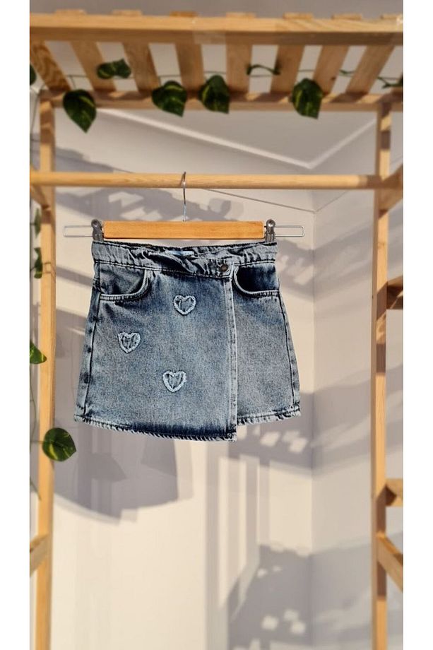 Kalpli Detaylı Yüksek Bel Kot Şort Etek - Yazlık Jean Mini Etek - 1