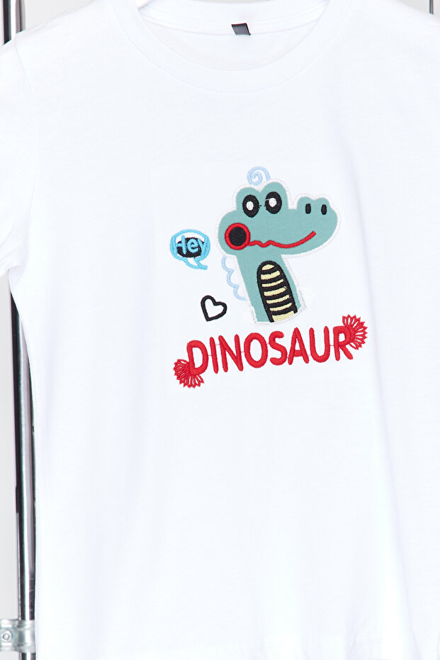 Beyaz Erkek Çocuk %100 Pamuk Dinozor Desenli Regular Kalıp Kısa Kol Örme T-Shirt TKDSS24TS00030 - 3