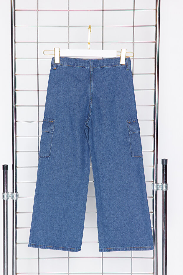 Koyu Mavi Kız Çocuk Wide Leg Kargo Cepli Pamuklu Lastikli Denim Pantolon Jean TKDSS24PL00001 - 7