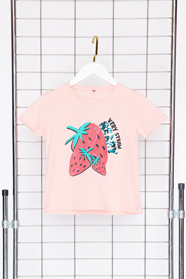 Pembe Kız Çocuk %100 Pamuk Çilek Desenli Regular/Normal Kalıp Kısa Kol Örme T-Shirt TKDSS24TS00007 - 5