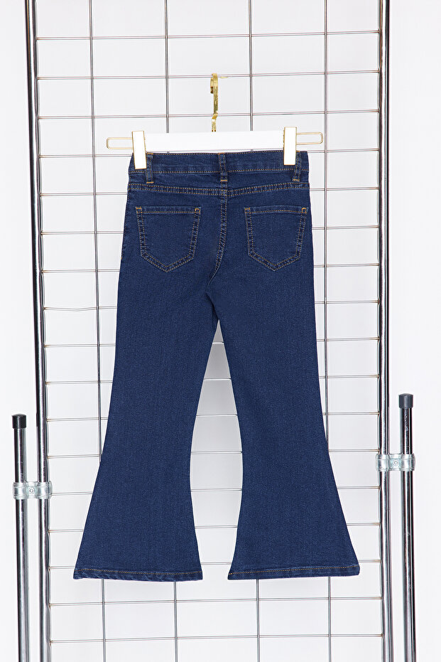 Koyu Mavi Kız Çocuk Geniş Paça/Flare Esnek Lastikli Denim Pantolon Jean TKDSS24PL00011 - 8