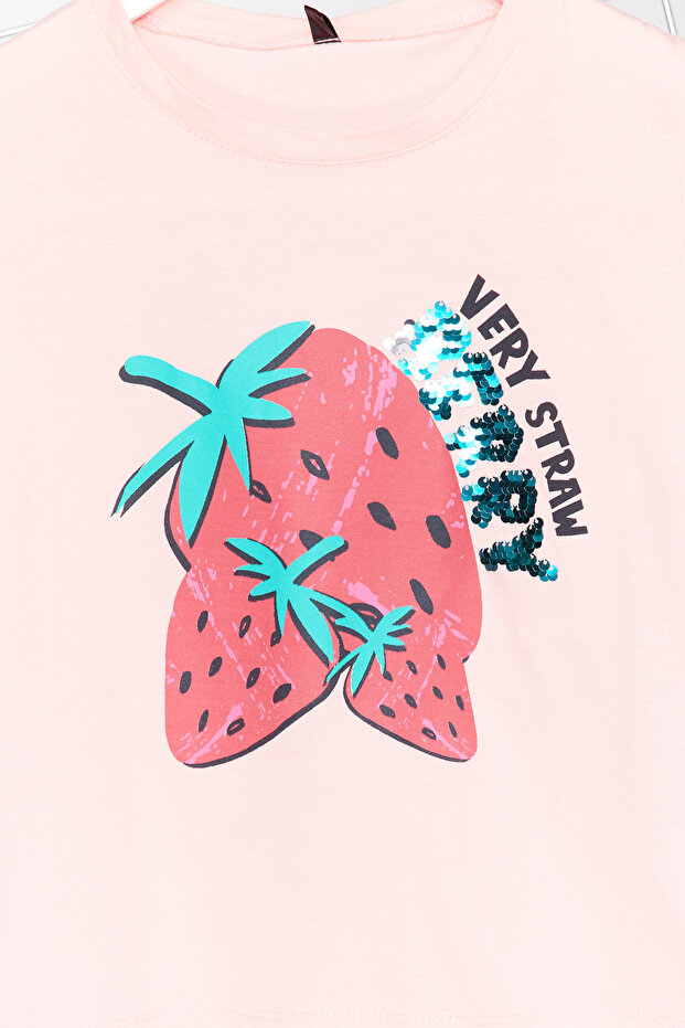 Pembe Kız Çocuk %100 Pamuk Çilek Desenli Regular/Normal Kalıp Kısa Kol Örme T-Shirt TKDSS24TS00007 - 6