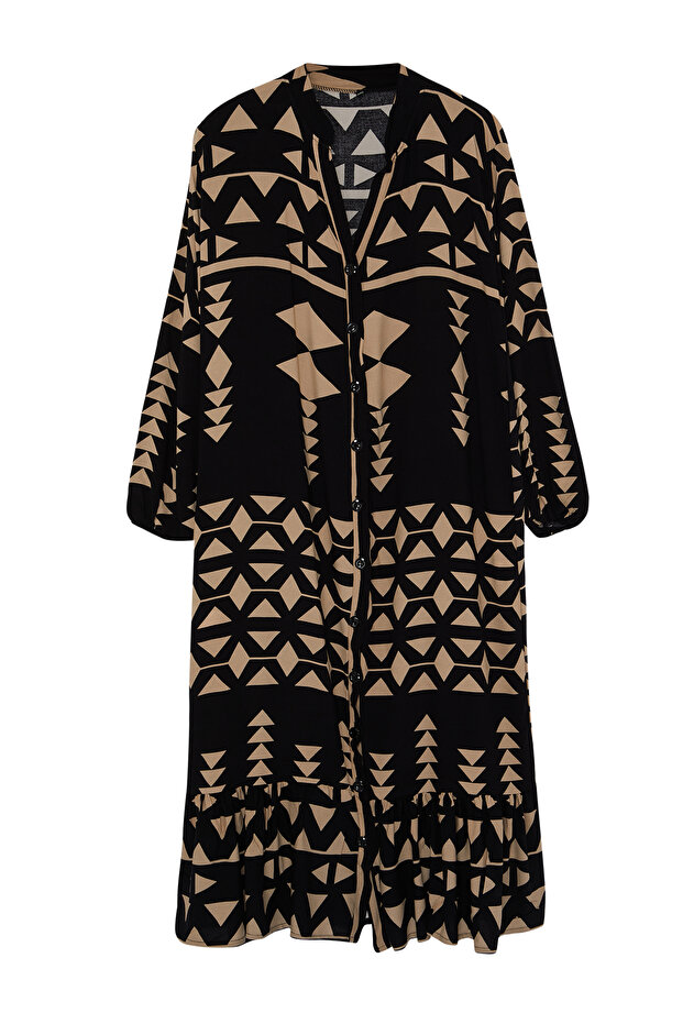 Siyah Midi Geniş Kesim Bordür Desen Detaylı Boho Dokuma Elbise TWOSS24EL01019 - 8