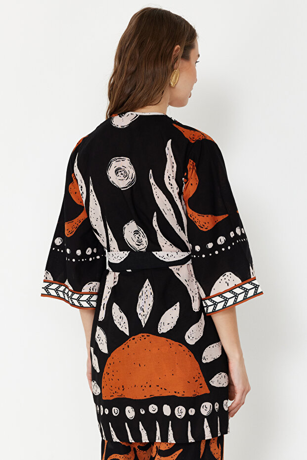Etnik Desenli Dokuma %100 Pamuk Plaj Mini Kuşaklı Kimono&Kaftan TBESS23KM00035 - 6