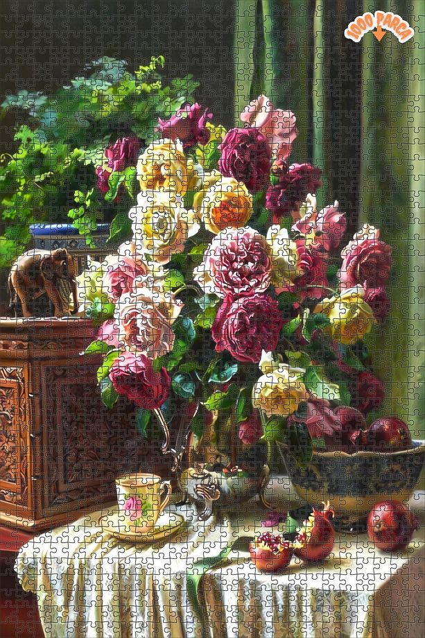 Çiçeklerle Çay Saati Dekoratif Çift Katlı Çerçeveli Asılabilir Ahşap Puzzle 1000 PARÇA 50X70 - 1