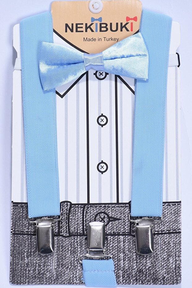 Erkek Çocuk 1-9 Yaş Mavi Pantolon Askısı Ve Papyon Takım - 1