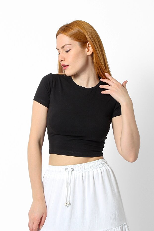 Basic Siyah Kadın Crop Tshirt - 1