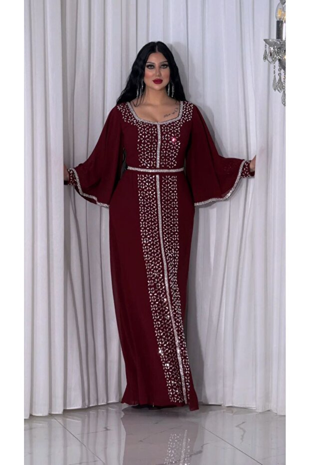 Zena Fashion - Stone Printed Belted Double Sleeve Evening Dress