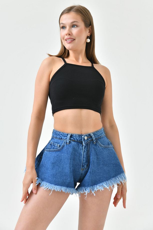 Paça Ucu Detaylı Yüksek Bel Likrasız Volanlı Kalıp Koyu Mavi Kot Şort Denim Şort 70366 - 6
