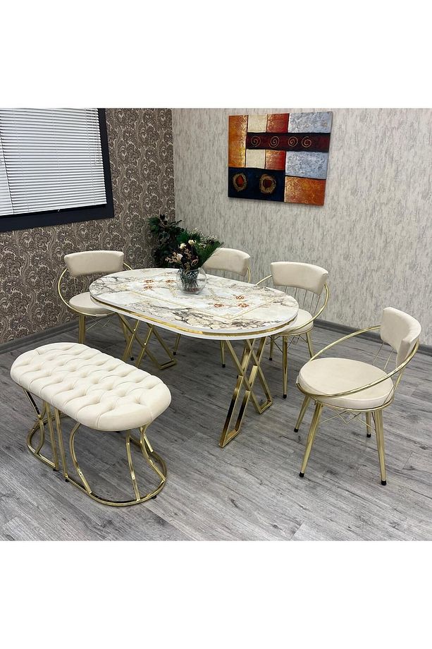 Mutfak Masa Sandalye Takımı Selenit 80-140 Oval Gold 6 Kişilik Benchli Mutfak Masası Takımı - 1