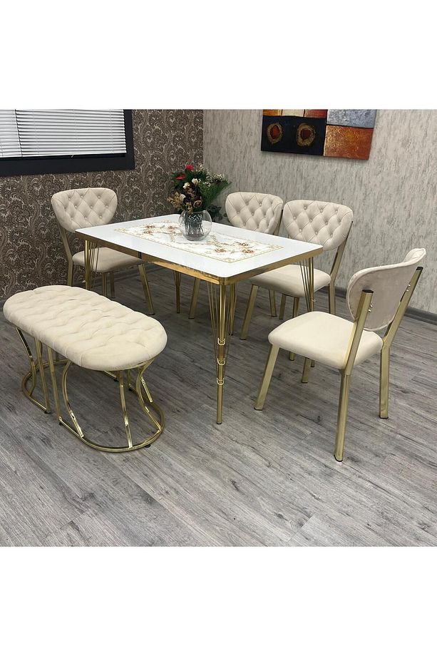 Mutfak Masa Sandalye Takımı Akuamarin 80-120 Ck Gold Benchli 6 Kişilik Mutfak Masası Takımı - 1