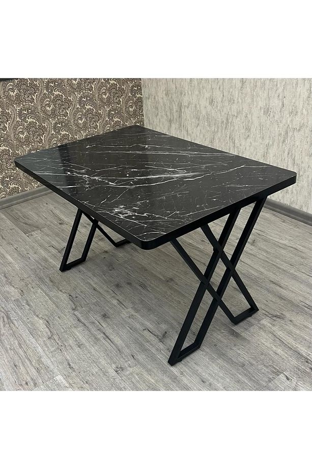 Mutfak Masası 6 kişilik Masa Siyah Mermer Görünümlü Masa x ayak - 1