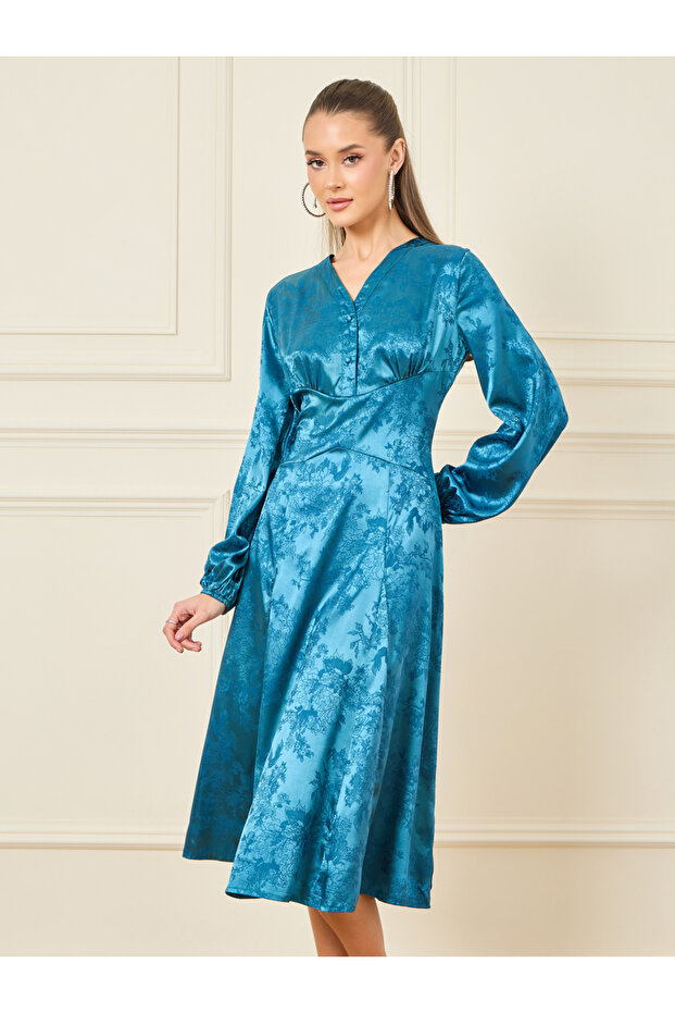 Satin Jacquard Print A-Line Midi Dress