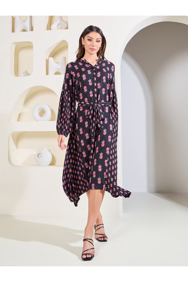Floral Print Shirt Midi Dress with Waist Tie Up