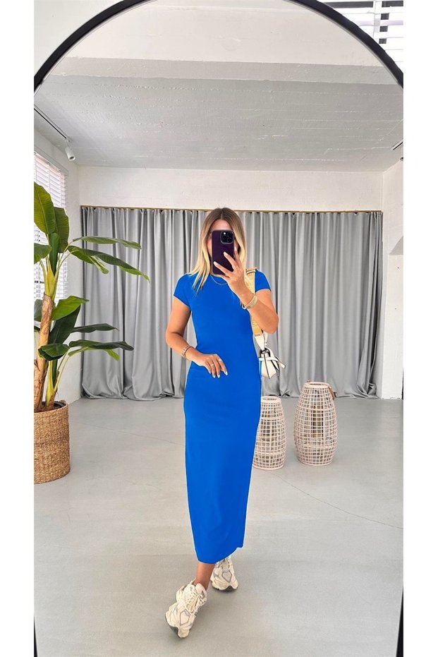 Women's Saxs Color Ribbed Camisole Fabric Short Sleeve Body Fitting Long Dress Length 135 Cm