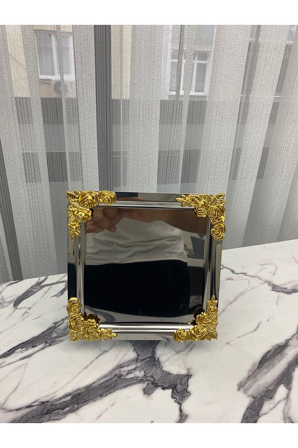 2'Li Lüx  4 köşesi Çiçekli Gümüş Kare  Kaplama Model çay,kahve,ikram servis Sunum Tepsisi 21x21 - 3