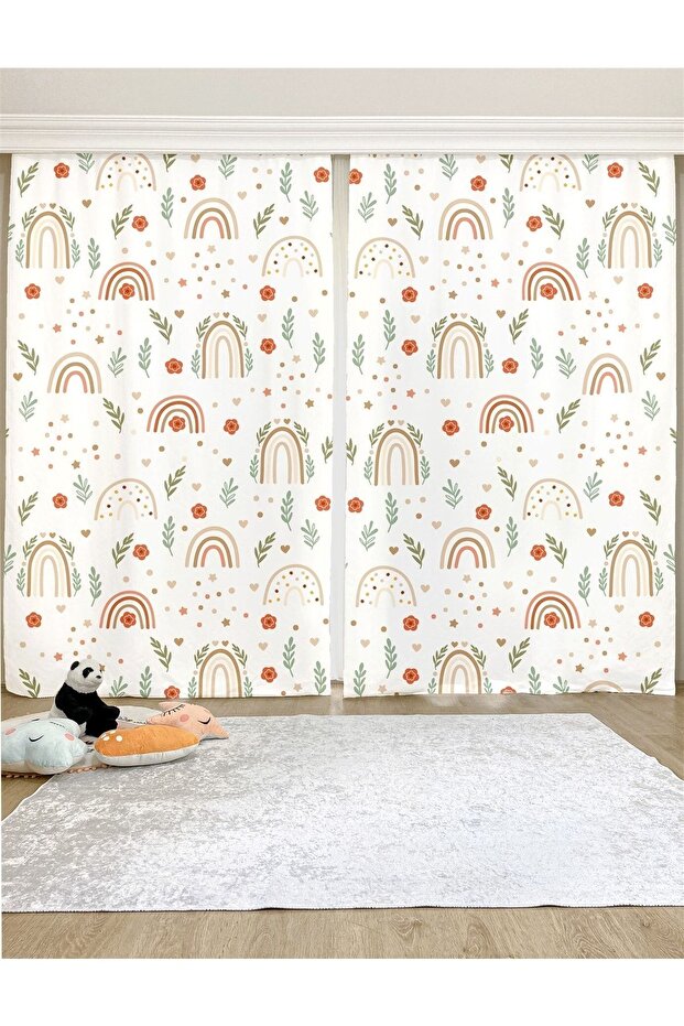 Pink Floral Rainbows Patterned Children's & Baby's Room Background Curtain (SINGLE WING PRICE)