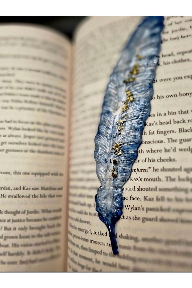 Yaprak - Tüy Desenli Altın Varaklı Epoksi Kitap Ayracı - 1
