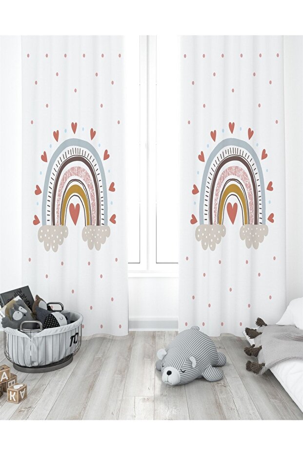 Heart and Rainbow Patterned Children's Room Background Curtain (Single Panel Pricing)