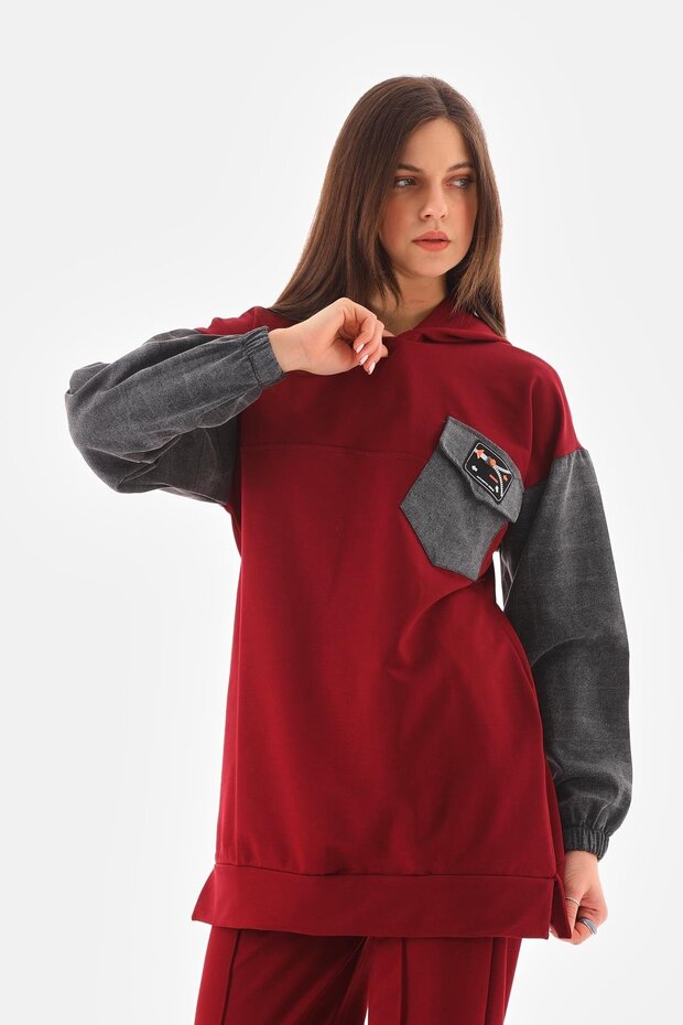 Women's Sleeveless Denim Detailed Sports Two-Piece Set Burgundy