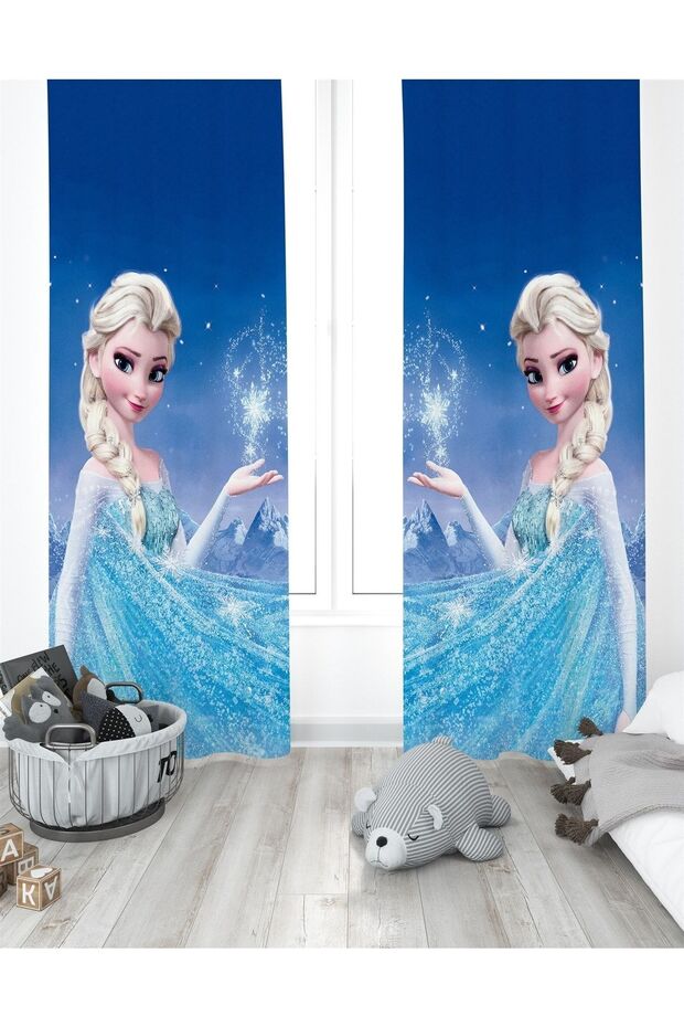 Blue Elsa Patterned Children's Room Curtain (Single Wing Pricing)