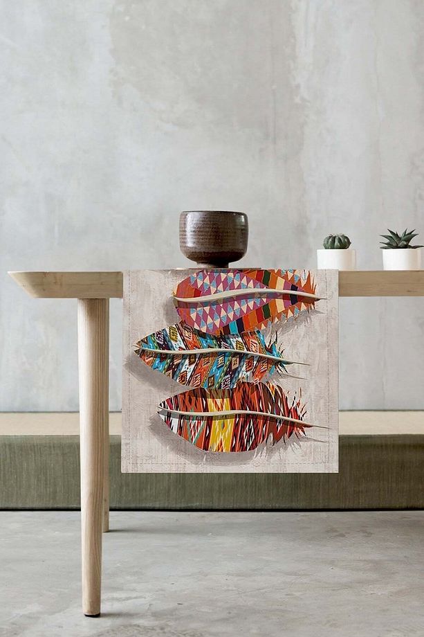 40x140cm Tay Tüyü Dokuma Premium Leke Tutmaz Kumaş Masa Örtüsü Runner Renkli Tüyler Rnr134 - 2