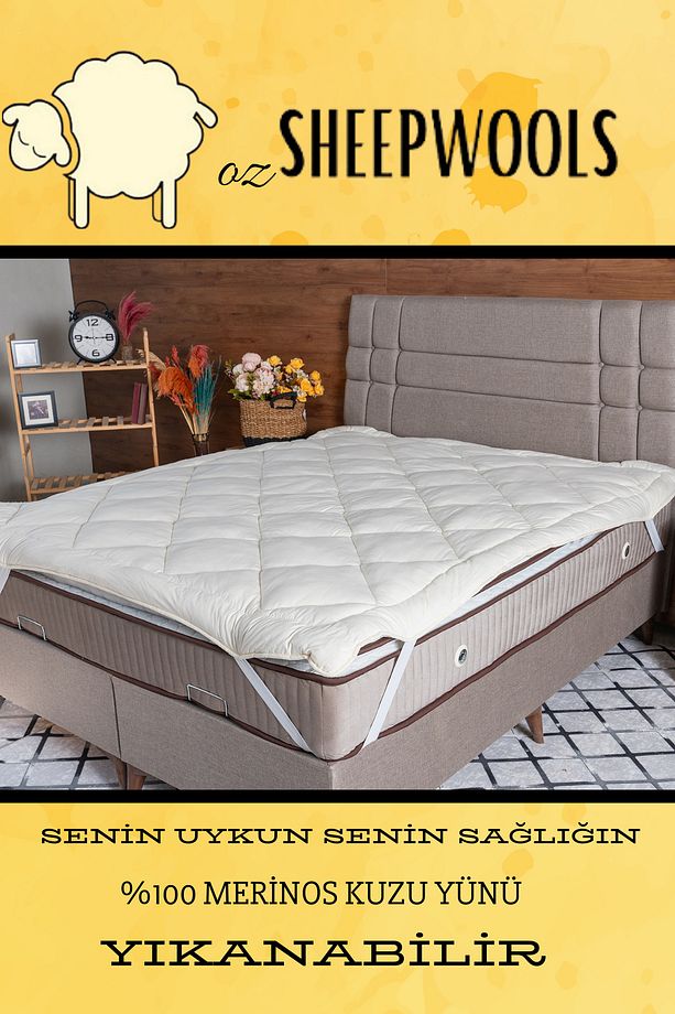 YÜN YATAK PEDİ&ŞİLTESİ LASTİKLİ  %100 MERİNOS KUZU YÜNÜ İÇ DOLGU , %100 PAMUK DIŞ KUMAŞ ,YIKANABİLİR - 1