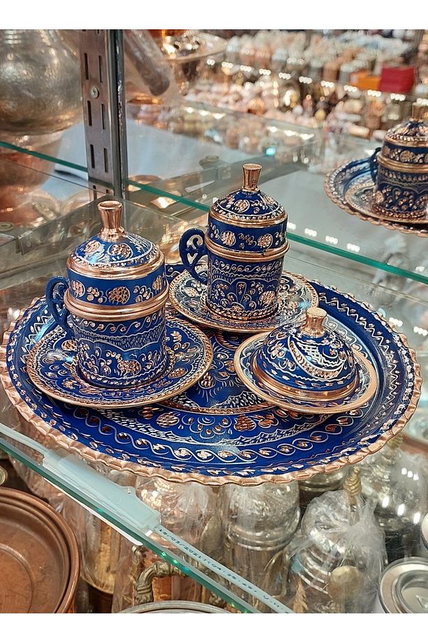 Bakır Fincan Takımı 2 Kişilik Fincan Takımı Bakır Osmanlı Desenli Türk Kahvesi Bakır Kahve Takımı - 5