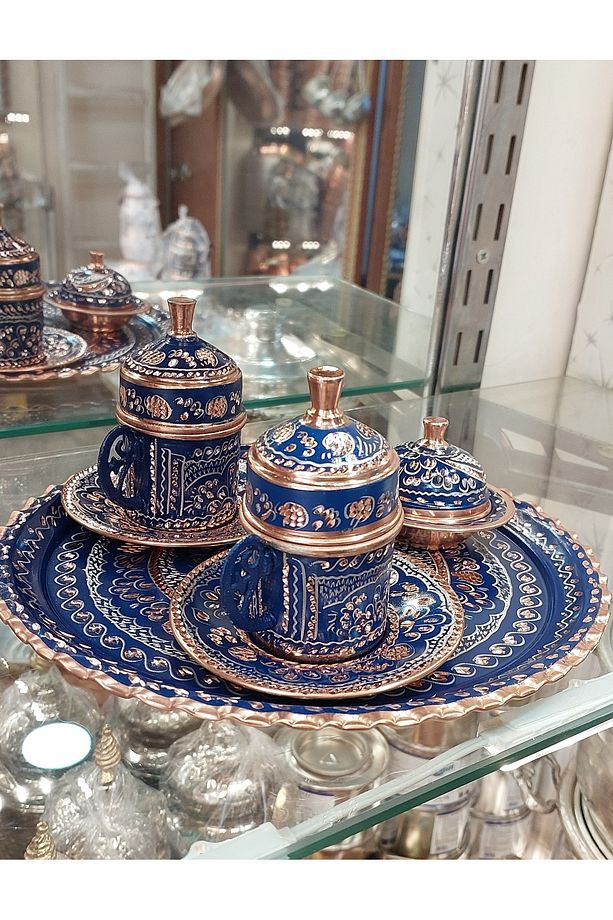 Bakır Fincan Takımı 2 Kişilik Fincan Takımı Bakır Osmanlı Desenli Türk Kahvesi Bakır Kahve Takımı - 4