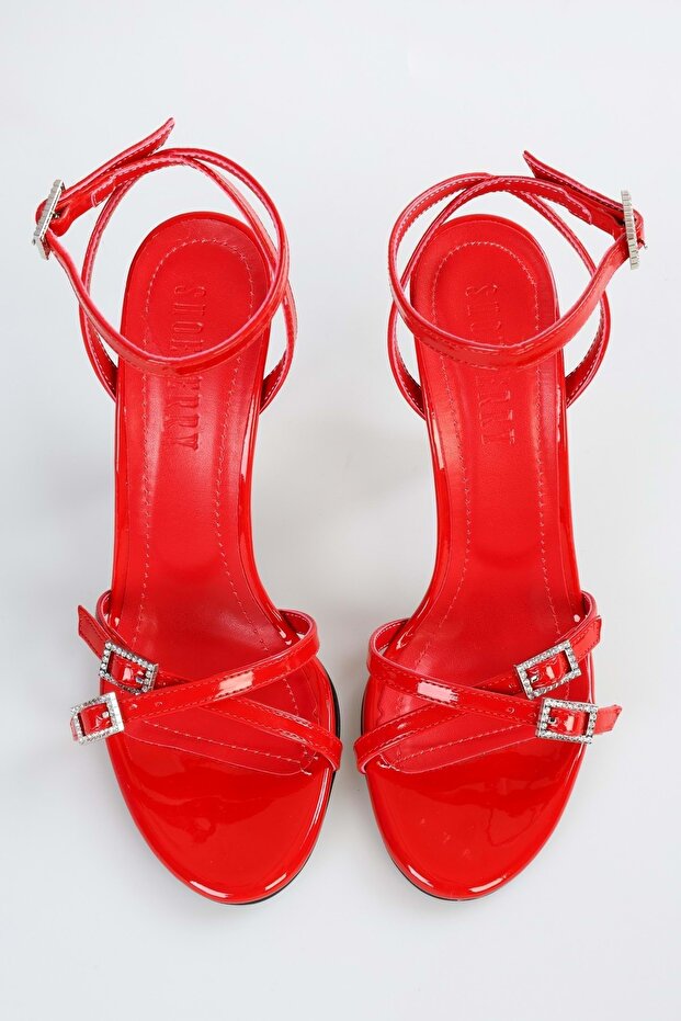 Piros lakkbőr Slayn női sarkú cipő - övcsat - 5