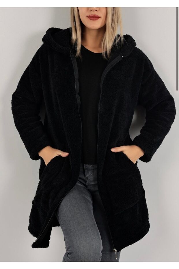 Black Hooded Fluffy Jacket
