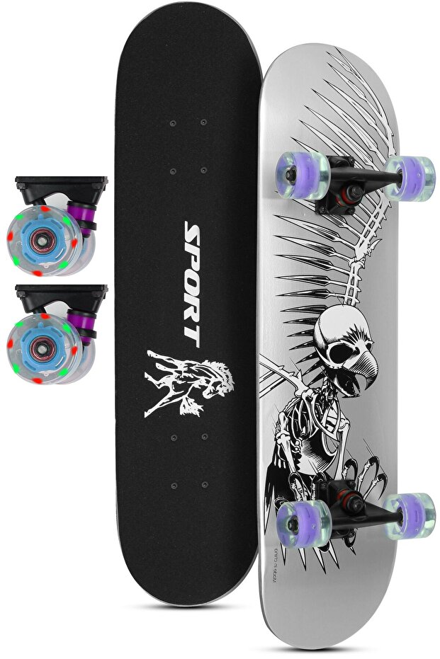 Telvesse Ledli Silikon Teker Kaykay Semi-PRO 8 Katman Yüzey Zımparalı Işıklı Kaymaz Skateboard 80 cm Gri