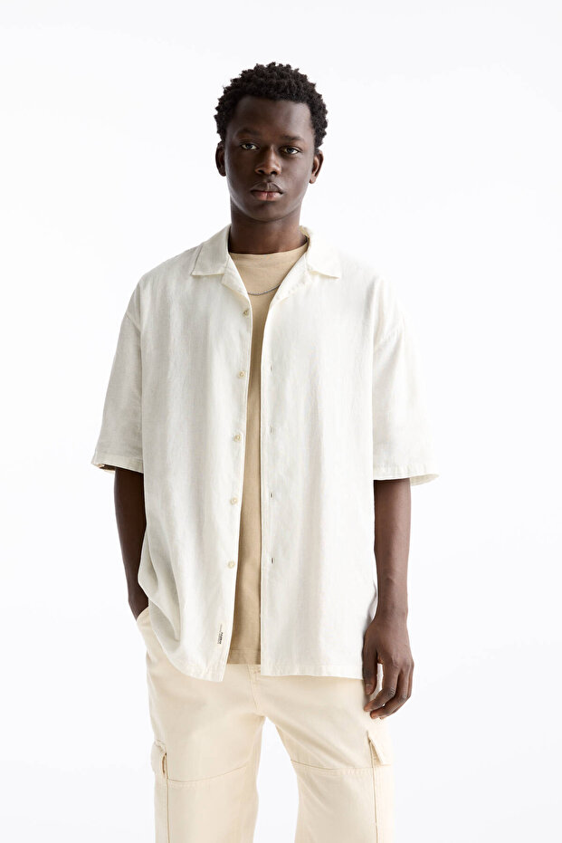 Basic Kısa Kollu Keten Karışımlı Gömlek - 1