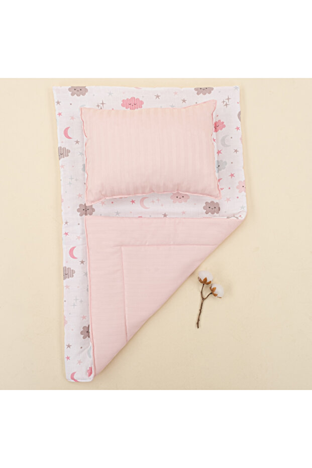 Muslin Reversible Changing Mat and Pillow - Pink Satin - Pink Cloud