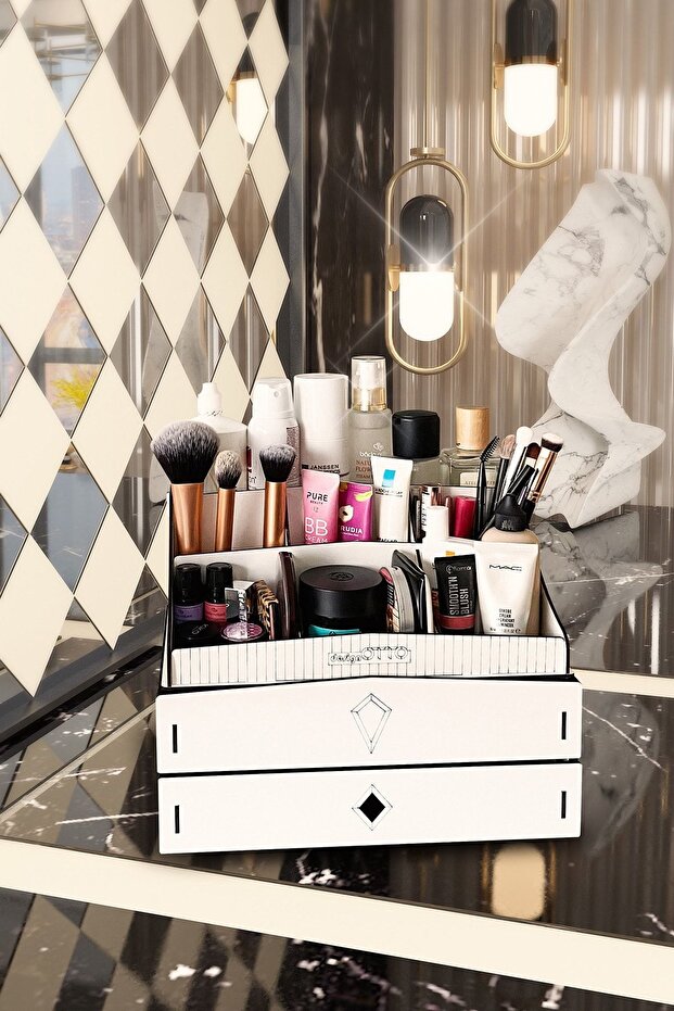 Bella Large 2-Tier, 2-Drawer Wooden Makeup, Jewelry, Bathroom, and Cosmetic Organizer, White