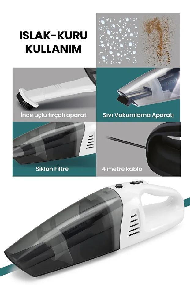 Automax Islak Kuru Güçlü Siklon Filtreli Taşınabilir Fırçalı Başlıklı Araç Tipi El Süpürgesi - 2