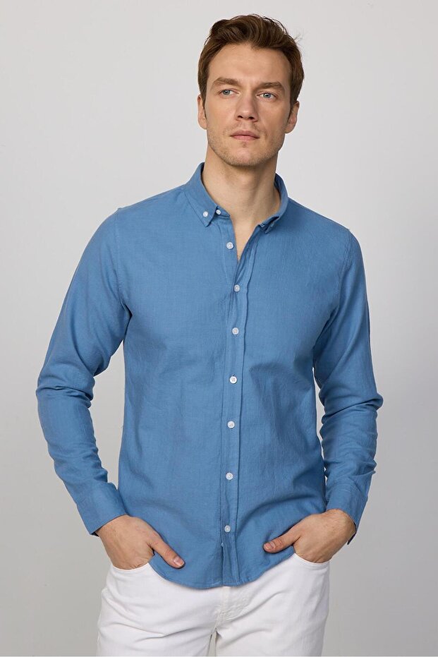 Men's Slim Fit Slim Fit Long Sleeve 100% Cotton Linen Texture Buttoned Lapel Indigo Shirt