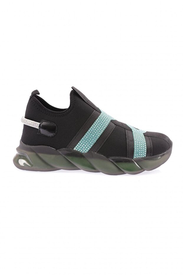 Women's Thick Sole Silver Stone Sneakers Shoes Black Green 4213137