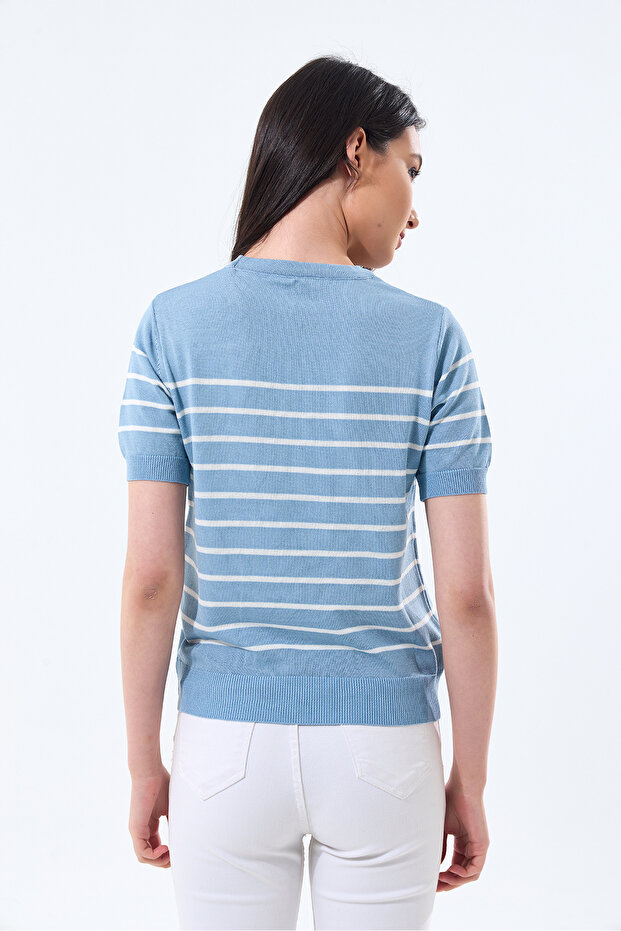 Basıc Kısa Kollu Çizgili Triko Kazak - 3