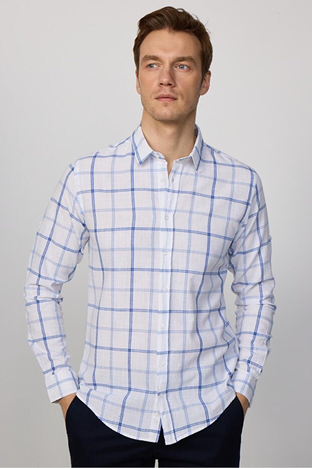 Men's Slim Fit Slim Fit Long Sleeve 100% Cotton Linen Texture Checked Shirt