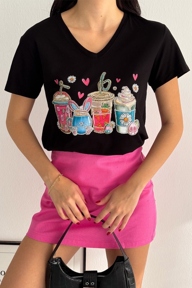Women's Black V-Neck Sequin Embroidered 100% Cotton T-Shirt