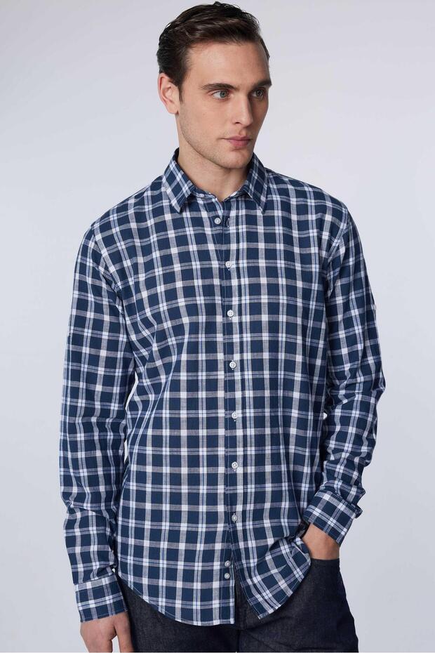 Men's Long Sleeve Slim Fit Linen Shirt - 100% Cotton, Checkered Design